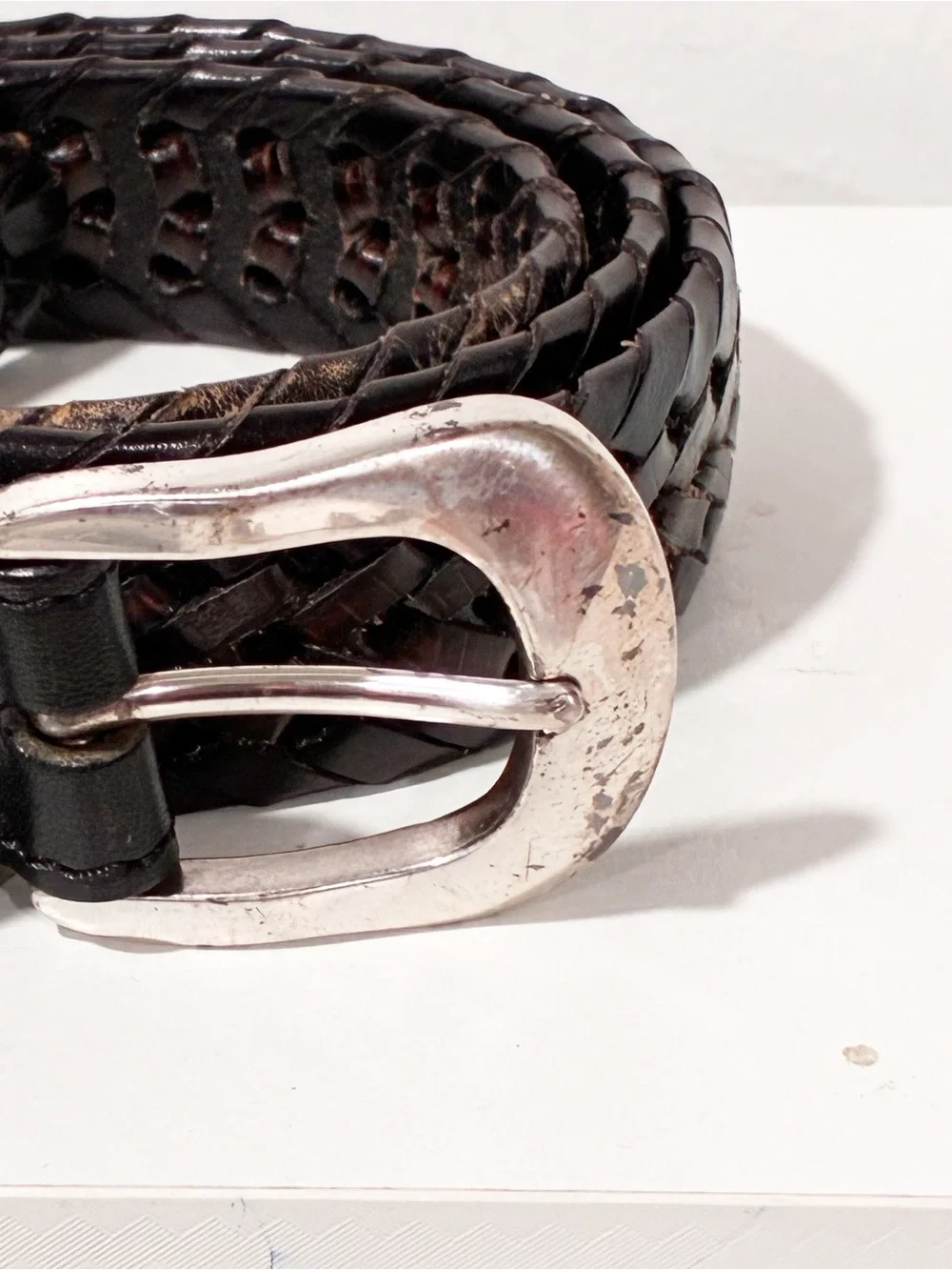 Vintage Brighton Women’s 36 Leather Belt Silver Tone Buckle Brown Braided